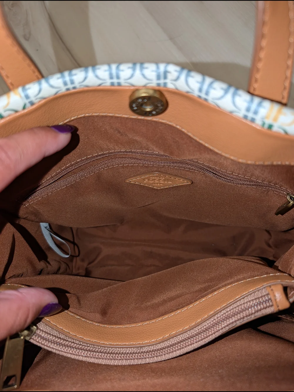 Fossil Kingston Monogram Canvas Leather Crossbody Bag Tote Neutral Multi Color